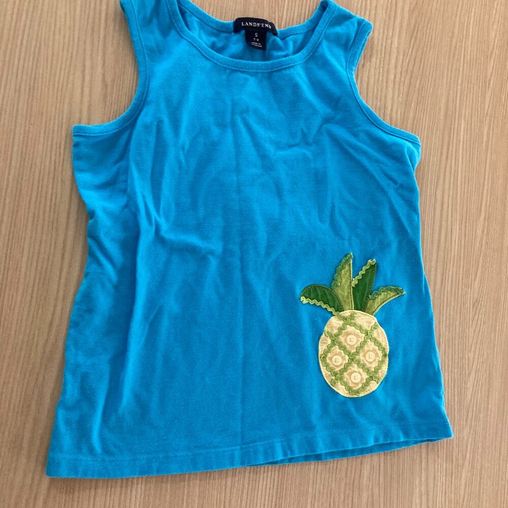 Land's End Pineapple Tank Top Small 7-8 Bright Blue Sleeveless Cotton Casual